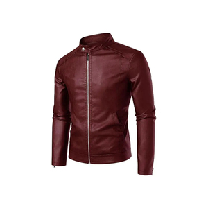 Veste en similicuir rouge foncé ajustée pour homme, col montant, fermeture éclair, style motard, hiver - Product Image 2