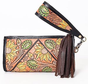 Hand <b>Tooled</b> Carving Leather Wallet Clutch Phone <b>Case</b> Stylish Cowhide Leather Wallets Turquoise Color Wallet for Women - Product Image 2