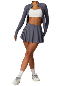 ชุดกระโปรงกีฬาผู้หญิงผ้าลูกไม้สีพื้น พร้อมแจ็คเก็ตซิปและกระดุม  ชุดออกกำลังกาย 2 ชิ้น สำหรับยิม โยคะ เทนนิส - Product Image 2