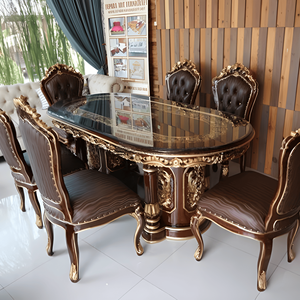 Ensemble de salle à manger en bois sculpté écologique et durable avec table ovale et 7 chaises rembourrées, design moderne pour usage domestique - Product Image 2