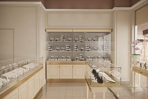 Exhibición de joyería de lujo al por menor, escaparate de exhibición de acero inoxidable dorado champán personalizado, diseño de mostrador de joyería - Product Image 2