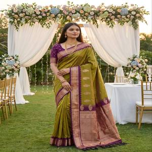 VASTRA COTTAGE Sari de Seda Banarasi Suave con Tejido Zari, Pequeños Motivos, Borde de Pallu con Rico Contraste, Diseño Tradicional - Product Image 1