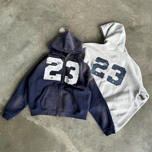 เสื้อมีฮู้ดผ้าเฟรนช์เทอร์รี่ผ้าฝ้ายสำหรับผู้ชายเสื้อมีซิปแนวสตรีทปักลายพลอยเทียมสำหรับฤดูหนาว - Product Image 2