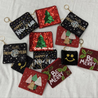 Dompet Koin Kanvas Natal Merah dengan Manik-Manik dan Ritsleting, Tas Penyimpanan Mini Bergaya untuk Liburan, untuk Wanita, untuk Koin dan Kartu
