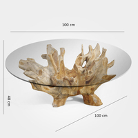Table Basse Minimaliste Style Antique en Racine de Teck Indonésien avec Plateau en Verre, Meuble de Salon en Bois Massif pour Maison et Villa – Offre Spéciale