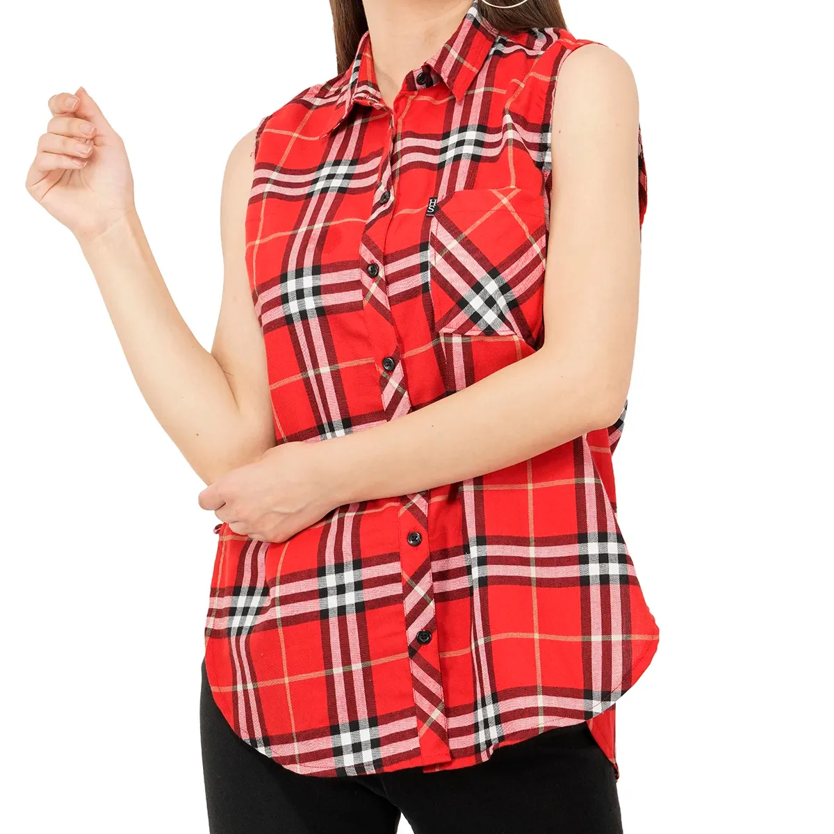 Bestseller Women's Casual Cotton Checkered Sleeveless Top Logo Decoration Red Stylish Shirt Collar Reasonable Price Wholesale