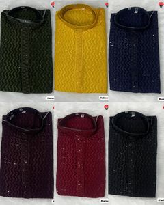 Collection de pyjamas Kurta exclusifs pour hommes avec broderie détaillée et paillettes des deux côtés, parfaits pour les festivals. - Product Image 5