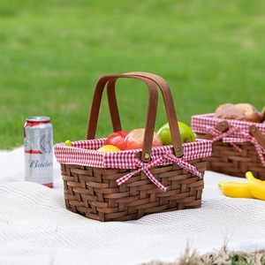 DreamCraft Vietnam Small Rectangular Woodchip Picnic <b>Baskets</b> Double Folding Handles Natural Handwoven Red White Picnic Bags - Product Image 2