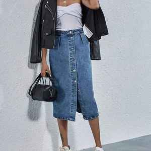 Femmes Vintage taille haute droite Jean jupe simple boutonnage longue jupe breloque poche Cargo Wrap nouveau Streetwear Y2K Denim jupe - Product Image 4