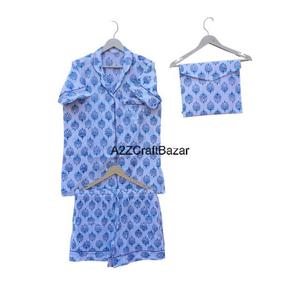 เซ็ตชุดนอนผู้หญิงผ้าฝ้าย100% ยาวเต็มรูปแบบลายดอกไม้ชุดอินเดียชุดใส่ในคืนแบบสบายๆกางเกงขาสั้นลูกไม้ด้านหน้าเป็นของขวัญคริสต์มาสฤดูร้อน - Product Image 4