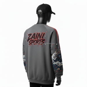 320 GSM algodón poliéster polar Tela Gris rojo rayas manga logotipo personalizado impresión en relieve diamantes de imitación básicos sudaderas - Product Image 4