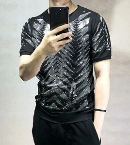 Camisetas de hombre con diamantes de imitación personalizados estilo Hip Hop Camiseta de algodón pesado con diseño brillante y marca OEM - Product Image 2