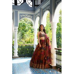 Lehenga Choli en organza à imprimé numérique pour les festivals et les occasions de fête, Lehenga Choli cousu pour la vente à l'exportation - Product Image 1