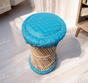 Tabouret Mudda en bambou antique pur fait à la main Console d'artisanat incrustation d'os bleu ciel Beige pour salon jardin extérieur - Product Image 1