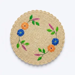 Sets de table ronds en raphia faits à la main avec broderie florale, style bohème, diamètre 260 mm - Product Image 5
