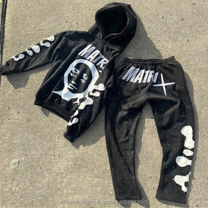 Conjunto de pantalones de chándal y Sudadera con capucha desgastados con diamantes de imitación bordados con serigrafía de lavado ácido de gran tamaño y peso pesado personalizado - Product Image 3
