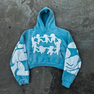 Streetwear Pull court en éponge française à capuche Sweats à capuche personnalisés à imprimé bouffant pour femmes - Product Image 4