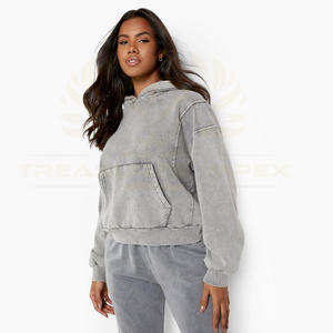 Sudaderas con capucha desgastadas con lavado ácido de doble capa Vintage para mujer, ropa de calle de punto de algodón 100%, cordones con logotipo frontal para invierno - Product Image 2