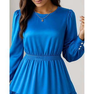 Robe en crêpe importé à manches longues, col rond, taille élastique et volants pour femme, 30089 - Bleu Saks - Product Image 2