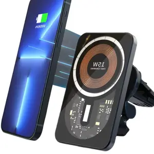 LED Atmosphere lamp 15W Qi Transparent Car Phone Holder Magnetic Fast Charging Car Charger Mount Wireless Charger