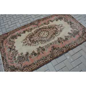 Turkish Vintage Area Rug 3.8x6.9 ft, <b>Brown</b> Pink Moroccan Rug - Product Image 2