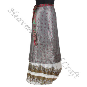 38 pulgadas Vintage arte seda doble capa Reversible Sari Magic mujeres Wrap falda 2 capas Reversible Magic Silk Saris Wrap Falda larga - Product Image 6