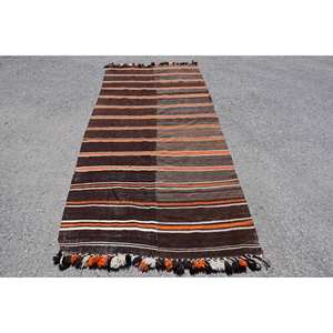 Alfombra Kilim Vintage, marrón, beige, clásica, lana de 3,8x8,4 pies, respaldo de látex de yute, retales abstractos para entrada, pasillo rectangular - Product Image 1