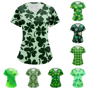 Uniforme d'infirmière contemporain pour femmes hauts St.patrick Day imprimé à manches courtes col en V infirmière gommage Blouse femmes festival série hauts - Product Image 1