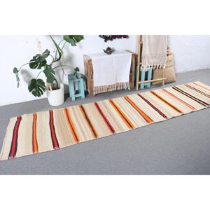 2.6x11.1 ft Vintage <b>Runner</b> <b>Rug</b>, Turkish White Abstract <b>Rug</b> - Product Image 4