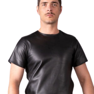 Mens Leather T-Shirt Black Faux Leather Crew Neck Fetish Clubwear <b>Top</b> with Multi Zips - Product Image 1