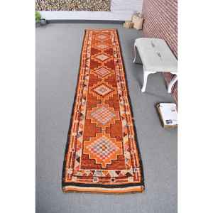 Alfombra Turca de 2.6x12.5 pies, Alfombra Vintage, Alfombra Abstracta Herki Naranja - Product Image 1