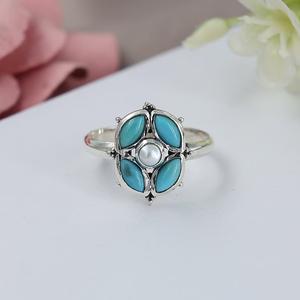 แหวนเทอร์ควอยซ์ประดับมุกเงินสเตอร์ลิงเครื่องประดับอัญมณีสีฟ้าแหวนสไตล์ Boho สำหรับใส่ทุกวันสำหรับชุดเครื่องประดับของเธอ - Product Image 3