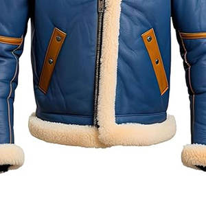 Custom <b>Men's</b> Blue <b>Shearling</b> Leather <b>Jacket</b> Warm Fur Lined Aviator Bomber Winter Coat Zip Up Motorcycle Outerwear - Product Image 6