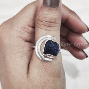 Joyería de piedra en bruto, anillo para mujer, zafiro azul crudo Natural, piedra preciosa, piedra natal de septiembre, luna creciente, anillo de Plata de Ley 925 - Product Image 2