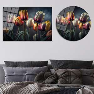 Arte en lienzo con estampado floral de tulipanes vibrantes y coloridos - Elegante decoración de primavera, arte en vidrio templado - Product Image 1