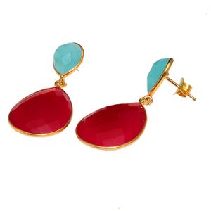 Pendientes de Plata de Ley 925 Chapados en Oro de Alta Calidad, Diseño Nuevo, Hechos a Mano con Calcedonia Natural y Rubí, Regalo Clásico para Fiestas - Product Image 2