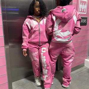 Custom Zip up Sweatsuit Acid Wash <b>Applique</b> <b>Patch</b> Embroidery Distresses Hoodie Jogging Tracksuit Flared Sweatpants and Hoodie Set - Product Image 5