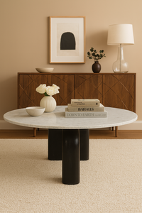 Table basse ronde au design moderne et simple, mobilier de salon pour appartement, bois massif et plateau en marbre indien pur - Product Image 4