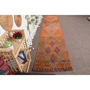 Tapis de couloir vintage 2,7x12,3 pieds, tapis abstrait orange et vert en laine - Product Image 1