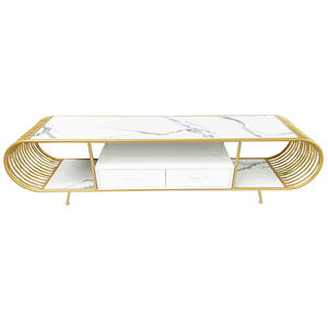 Modern Two-tier TV Stand with Stone Top and Bronze Frame KTV68082 for Living Room or Farmhouse TV <b>Table</b> with Drawer Storage - Product Image 2