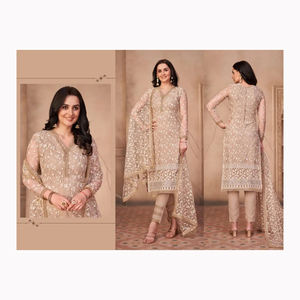 Ropa de fiesta de mujer india de longitud completa de diseñador, ropa de algodón y seda étnica bordada pesada, vestido indio de estilo pakistaní - Product Image 1