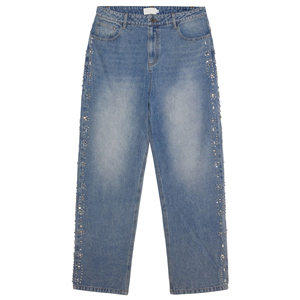 Jean en denim vintage pour homme, coupe baggy, style streetwear personnalisé, avec fermeture éclair, clous métalliques, strass et délavé effet cristal - Product Image 3