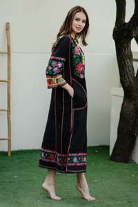 Robe longue en coton noir brodé et écologique pour femmes, tenue longue pour fête de mariage, anti-rides, lavable - Product Image 3