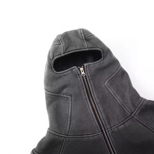 Sweat à capuche zippé intégral pour homme, délavé à l'acide, avec poche vintage à trous pour les yeux, design vintage lourd, sweat à capuche masqué pour homme - Product Image 2