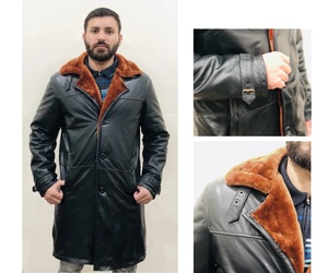 B3 Bomber <b>Flying</b> Aviator Long Coat Brown Faux Fur Black Real <b>Sheepskin</b> Leather <b>Jacket</b> Handmade Leather Winter <b>Jacket</b> Mens Gift - Product Image 3