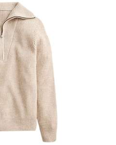 Manufacturer Customized <b>Mens</b> Quarter Zip <b>Knit</b> Sweater Light Beige Ribbed Texture High Collar Warm Winter Casual Pullover Custom - Product Image 3