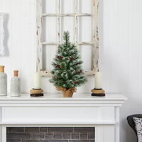 Vente en gros 2 pieds. Sapin de Noël artificiel floqué de pin et de baies pré-éclairé de 60 cm sur base en toile de jute, lumières LED blanc chaud