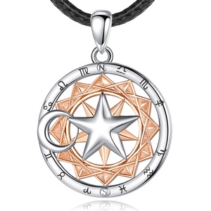 Colgante de plata de ley 925 con signo del zodiaco, collar con colgante de horóscopo, rueda del sol, luna, estrella, astrología, chapado en oro rosa, 12, precio al por mayor - Product Image 1