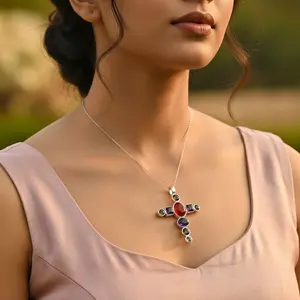 Pendentif en argent 925 avec pierre précieuse en forme de croix pour femmes, bijoux spirituels faits à la main avec placage en rhodium, charme en or blanc, motif numérique - Product Image 1