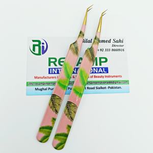 Pinzas japonesas de acero inoxidable con aislamiento de 45 grados para extensión de pestañas, pinzas de Punta dorada de alta demanda, revestimiento de papel con estampado de hojas - Product Image 4
